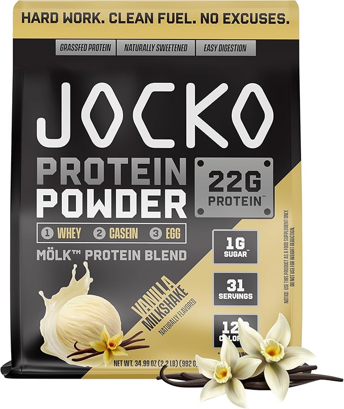 Jocko Fuel Mölk Whey Protein Powder 22g Protein - Low Sugar Monk Fruit Blend - Muscle Recovery & Growth, Packaging May Vary (31 Servings, Vanilla Milkshake)