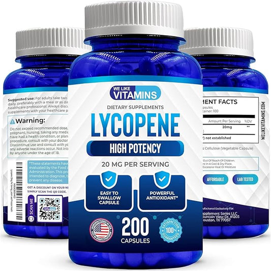 We Like Vitamins Lycopene Supplements for Men & Women - Lycopene 20mg Per Serving - 200 Capsules - Super Antioxidant which Helps Support Immune System and Prostate Health
