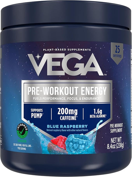 Vega Pre-Workout - 200mg Caffeine, Energy & Focus Drink Mix, Blue Raspberry, 25 Servings, 1.6g Beta Alanine, 6g Citrulline Malate, Vegan, Gluten-Free, Dairy Free, No Sugar Added, 8.4oz