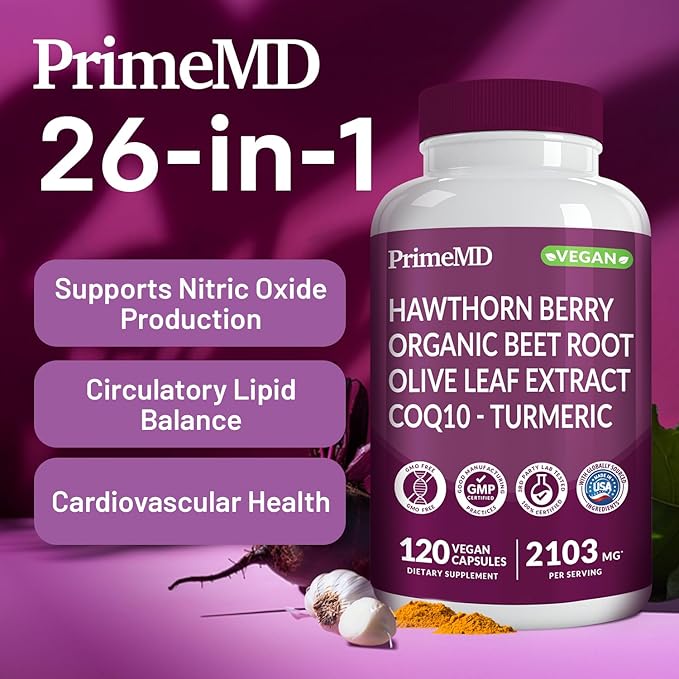 26-in-1 Nitric Oxide Supplement - Heart & Circulation Support with CoQ10, Turmeric, Organic Beet Root, Hawthorn Berry & Garlic - 2103mg per Serving (120ct, Pack of 2)