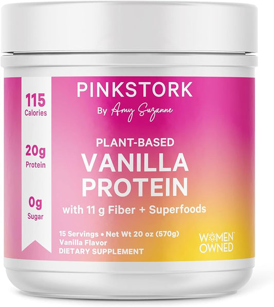 Pink Stork Protein Powder for Women, 20g Plant Based Protein Powder with Fiber + Superfoods, Gluten Free, Dairy Free, Sugar Free, Vanilla Protein Shake - 15 Scoops