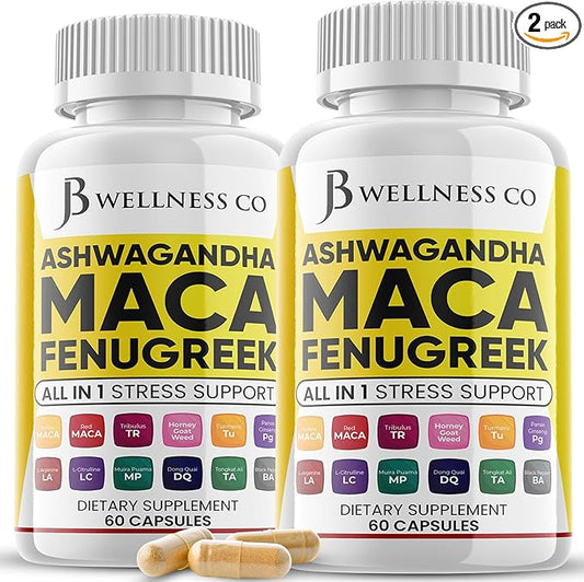 Ashwagandha Maca Root Fenugreek Supplement with Tongkat Ali Ginseng - Assists with Mood & Thyroid Health - Made in USA - 120 Count