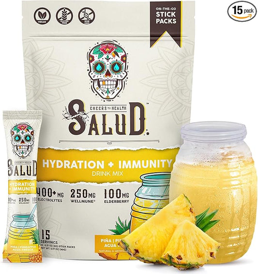 Salud 2-in-1 Hydration Packets + Immunity Electrolytes Powder, Pineapple - Agua Fresca Drink Mix, Elderberry, Dairy & Soy Free, Non-GMO, Gluten Free, Vegan, Low Calorie, 1g Sugar (15 Servings)
