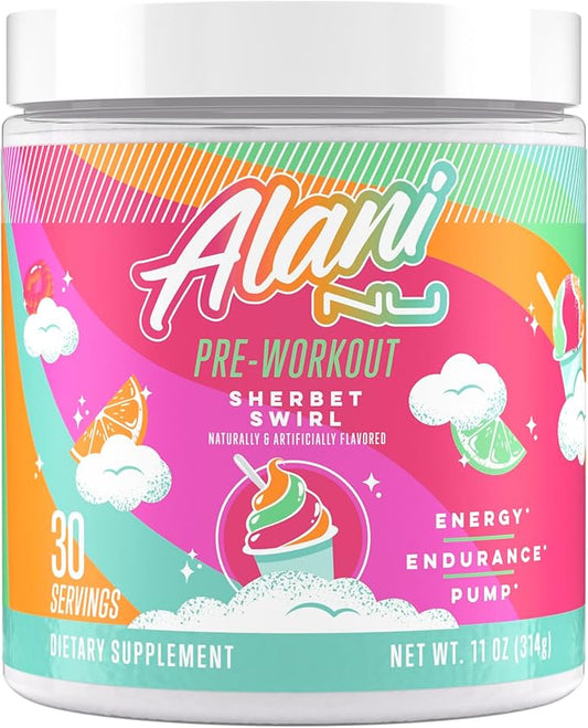 Alani Nu Pre Workout Powder Sherbet Swirl, Amino Energy Boost, Endurance Supplement, Sugar Free, 200mg Caffeine, L-Theanine, Beta-Alanine, L-Citrulline, 30 Servings