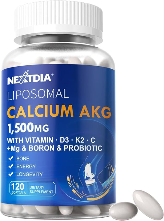 Liposomal Calcium AKG Supplement 1500mg with Vitamin D3 & K2 Softgels for Women & Men, (Made in USA) Calcium Supplements with Magnesium Glycinate, Boron, Probiotics & Vitamin C for Bone - 120 Pills