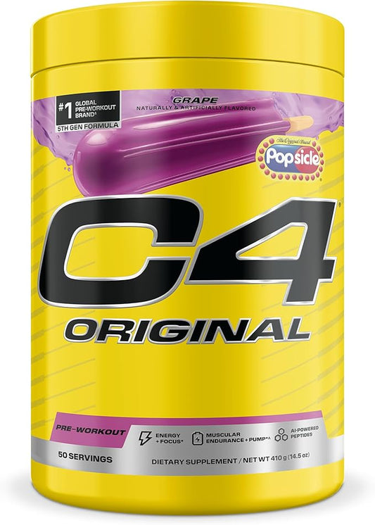 C4 Original Pre Workout – POPSICLE Grape - Pre-Workout for Endurance, Focus & Performance with 200mg Caffeine, Beta-Alanine, Creatine Nitrate, L-Arginine & PeptiPump – Sugar Free, 50 Servings