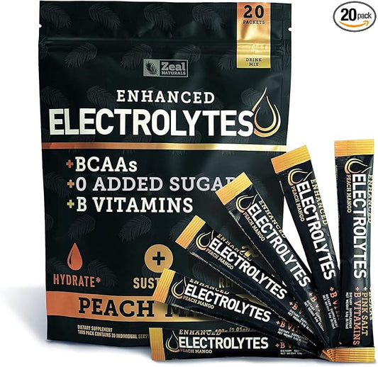 Enhanced Electrolyte Powder (Peach Mango 20pk.) w 0 Sugar +BCAAs +B-Vitamins Electrolyte Supplement w Potassium Zinc & Magnesium for Hydration - Keto Electrolytes