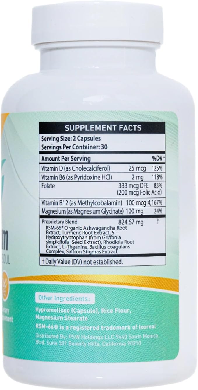 Mood Support Supplement - Daily Herbal Happiness, Energy and Focus Formula with Saffron, Omega 3 Fatty Acids, Turmeric, Rhodiola Rosea, Probiotics, L-Theanine, Magnesium and Ashwagandha - 60 Capsules