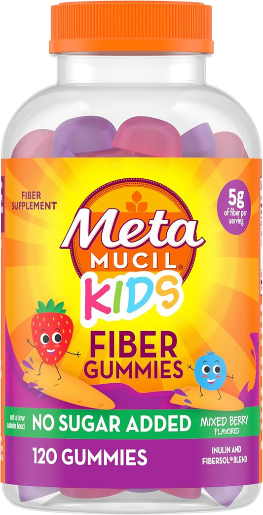 Metamucil Kids Fiber Supplement Gummies, No Sugar Added, 5g Prebiotic Plant-Based Fiber Blend, Mixed Berry Flavored, 120ct Gummies