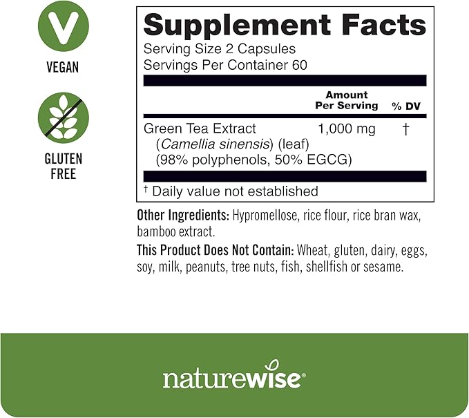 NatureWise Green Tea Extract Capsules 1000 mg - 50% EGCG & 98% Polyphenols - Extra Strength Antioxidants for Heart Health and Energy - Vegan, Gluten Free, Non-GMO - 120 Count[3-Month Supply]