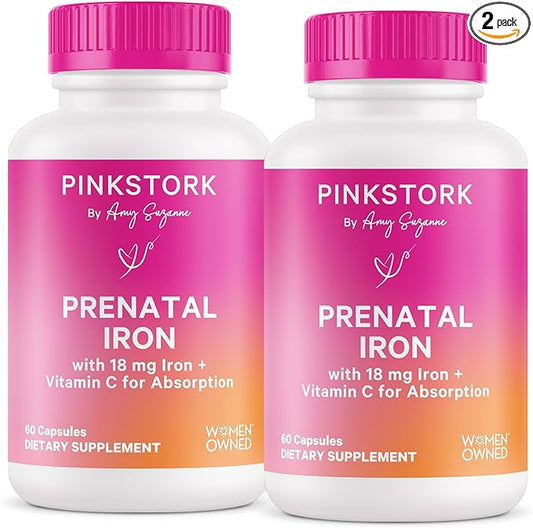 Pink Stork Prenatal Iron Supplement for Women - 18 mg Non-Constipating Iron & Vitamin C for Pregnancy, Postpartum, & Breastfeeding - Focus, Fatigue, & Blood Cell Production - 4 Month Supply