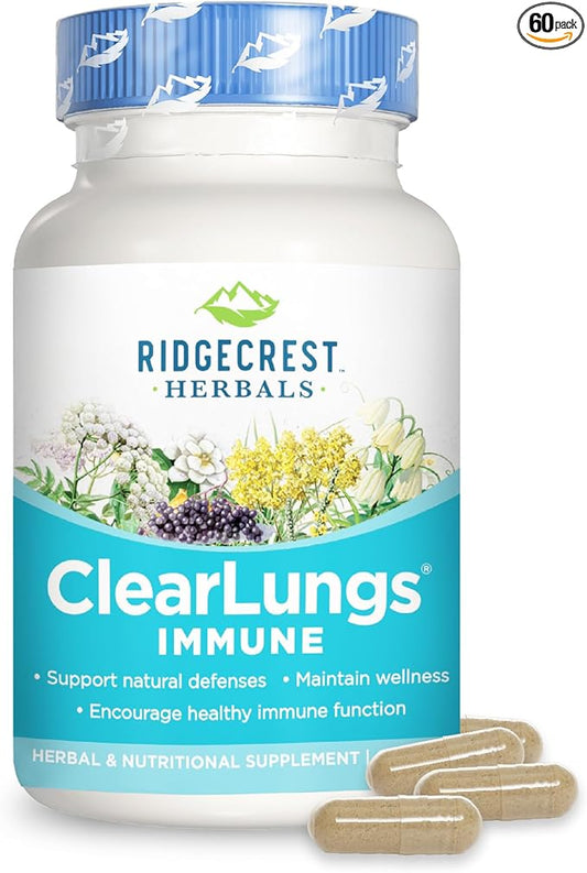 Ridgecrest Herbals ClearLungs Immune, Lung Support Supplement with Mullein, Elderberry, Zinc, Vitamin C, Vitamin A, Olive Leaf (60 Caps, 30 Serv)