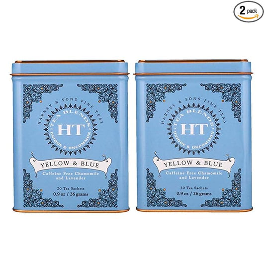 Harney & Son's Yellow and Blue Herbal Tea Tin 20 Sachets (0.9 oz ea, Two Pack) - Herbal Tea Blend of Chamomile, Lavender, and Cornflower - Caffeine Free - 2 Pack 20ct Sachet Tins (40 Sachets)