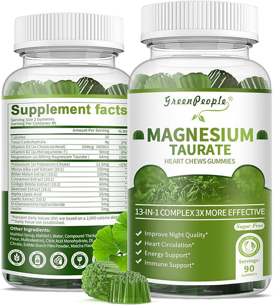 Magnesium Taurate Gummies, 13-in-1 Complex - Beetroot, Alpha Lipoic Acid, Cinnamon, Heart Support, Good Sleep, Sugar Free, High Absorption Magnesium Supplement, Matcha Flavor, 90 Gummies