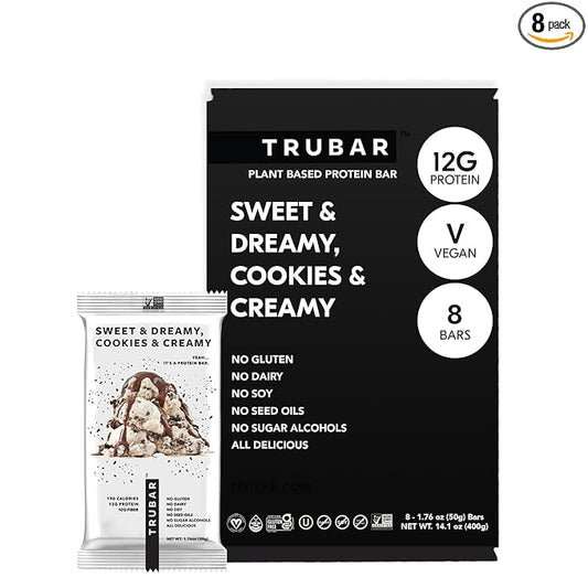 TRUBAR Vegan Protein Bar, Sweet & Dreamy Cookies and Creamy, Gluten Free, Plant Based Protein, Dairy Free, Non GMO, Soy Free, No Sugar Alcohols, 12G Protein, 12G Fiber, 23G Carb, On the Go Snack Bars, 8ct