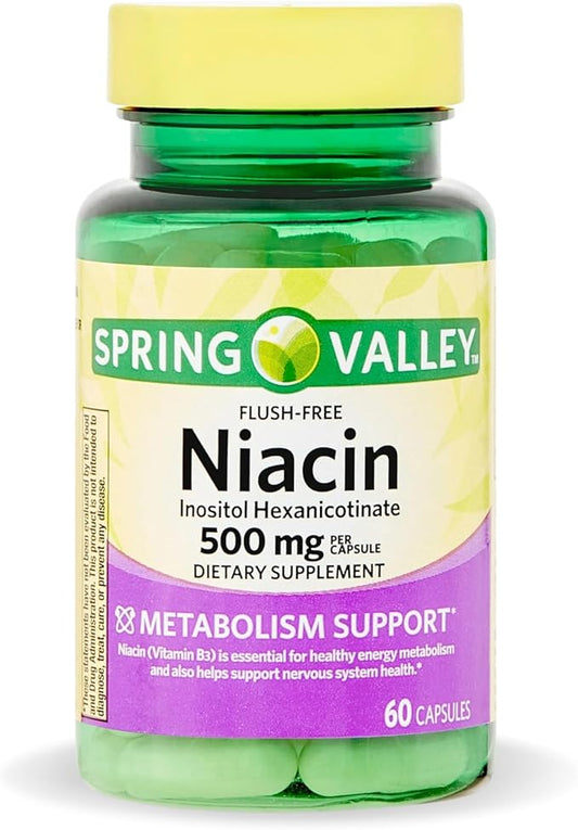Spring Valley Vitamin B3 Niacin 500mg Flush Free Capsules, Dietary Supplement 60 Pills (Pack of 1)