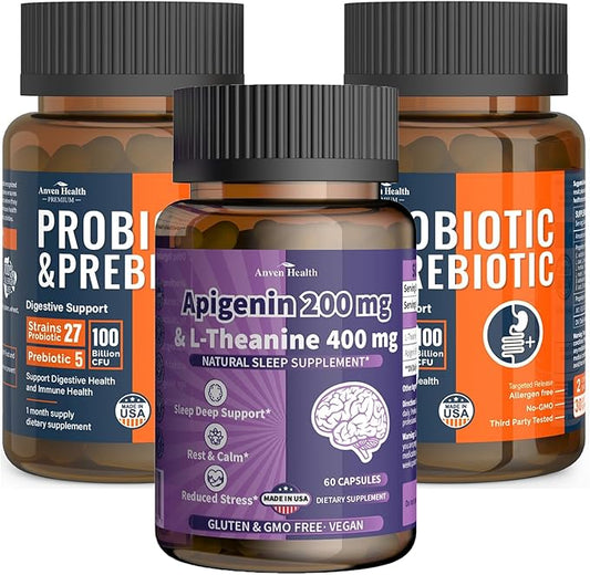 100 Billion Probiotics for Gut & Immune Health + Apigenin 200mg with L-Theanine 400mg for Relaxation & Stress Support | 27 Strains, Vegan, Non-GMO丨120Caps + 60 Veggie Caps