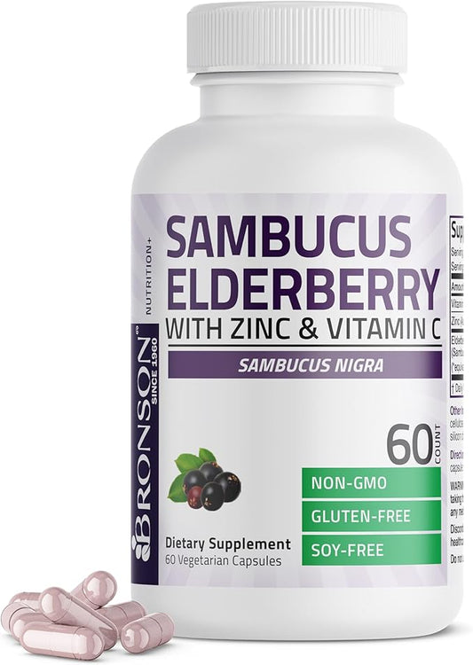 Bronson Sambucus Elderberry with Zinc & Vitamin C Triple Immune Support Complex Immune & Antioxidant Protection, Non-GMO, 60 Vegetarian Capsules