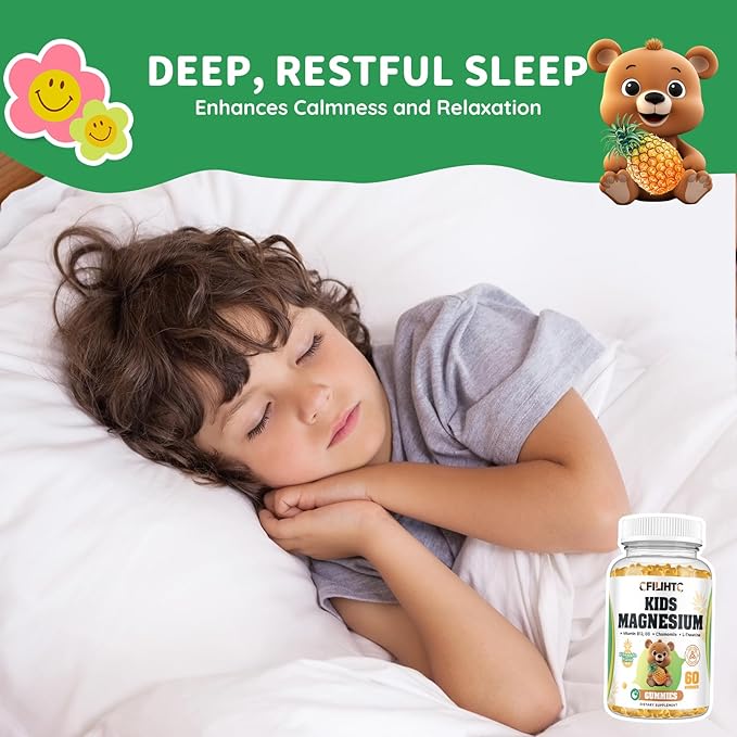 Kids Magnesium Glycinate Gummies, Magnesium for Kids & Adults, with Citrate, Zinc, Vitamin D3, B12, L-Theanine Supplement for Sleep Calm Bone & Muscle Mood, Pineapple 60ct