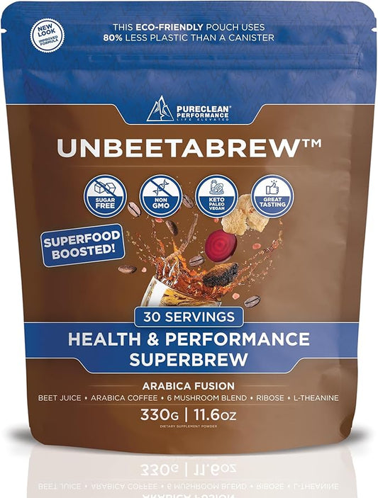 UNBEETABREW Mushroom Coffee – Energizing Plant-Based Pre-Workout with Beet Juice, Adaptogens, L-Theanine & D-Ribose – Boost Focus, Strength & Stamina – Organic Instant Arabica Beans - 30 Servings