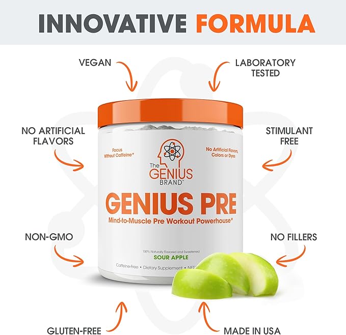 Genius Pre Workout Powder, Sour Apple - All-Natural Nootropic Pre-Workout & Caffeine-Free Nitric Oxide Booster Supplement with Beta Alanine & Alpha GPC - No Artificial Flavors, Sweeteners, or Dyes