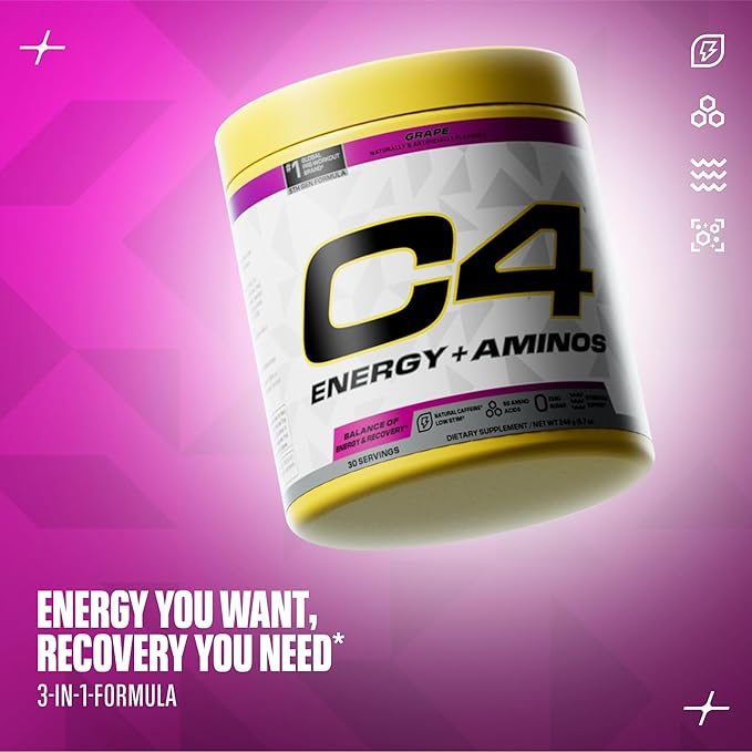Cellucor C4 Energy + Aminos Powder | 5g BCAAs & EAAs for Muscle Recovery, 3 Electrolytes for Hydration, 100mg Natural Caffeine | Pre Workout | Zero Sugar, 30 Servings, Grape
