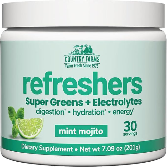 COUNTRY FARMS Refreshers, Super Greens and Electrolytes, Essential Minerals and Superfoods, Hydration Support, Promotes Natural Energy, with Fiber, Mint Mojito, 30 Servings