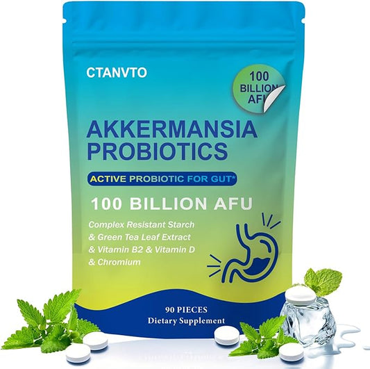 Akkermansia Probiotic with Prebiotic Fiber 100 Billion Live Strain Increase GLP-1 Production, Green Tea Extract, Vitamin B2, Vitamin D, Chromium for Gut Health for Men & Women (90 Capsules, 1-Pack)