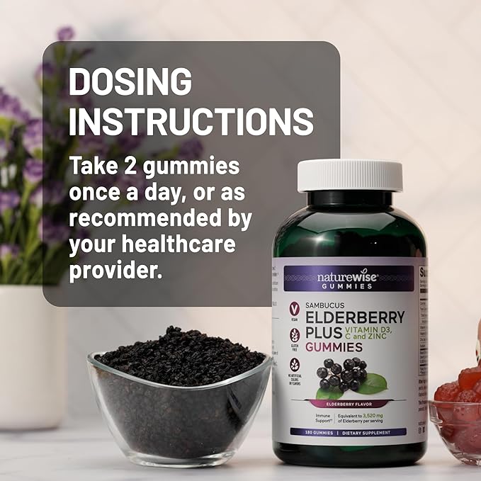 NatureWise Sambucus Elderberry Gummies - Immune Support Supplement for Kids Ages 4+ & Adults with Vitamin C, D3, Zinc - Elderberries Equivalent to 3520mg - Vegan, Non-GMO - 60 Count[30-Day Supply]