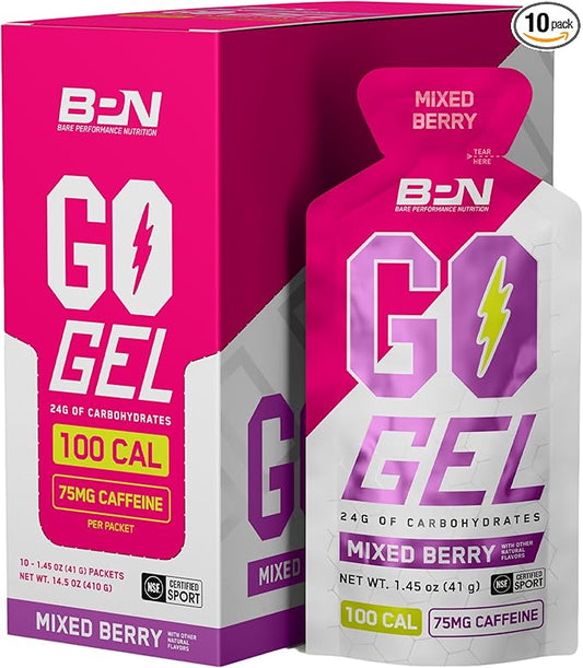 BARE PERFORMANCE NUTRITION, BPN Go Gel Endurance, 24g of Carbohydrates & 100 Calories per Pack, Vegan + Gluten Free Running Gel, 10 Single-Serving Packs, Caffeinated Mixed Berry