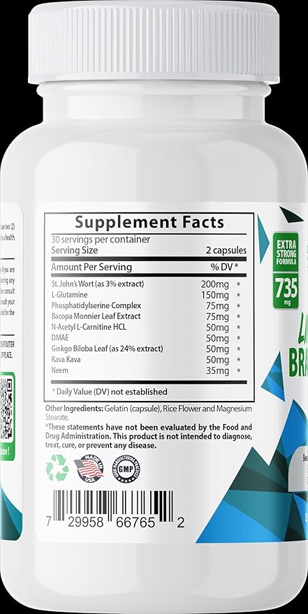 Limitless Brain Boost (60 caps) - Memory, Focus, Mental Clarity - Nootropics Scientific Formula for Enhance Performance, Super Ginkgo Biloba, St John Wort Extract, DMAE