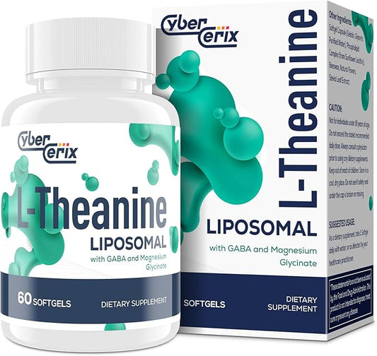 Liposomal L-Theanine 500mg, Complex with GABA 200mg & Magnesium 100mg, Extra Strength Supplement for Calm, Relaxation & Focus, Gluten Free - 60 Capsules