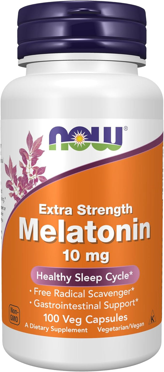 NOW Foods Supplements, Melatonin, Extra Strength 10 mg, Free Radical Scavenger*, Healthy Sleep Cycle*, 100 Veg Capsules