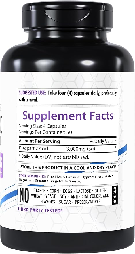 D-Aspartic Acid 3000mg | 200 Veg Capsules | Premium Amino Acid Supplement | Non-GMO | Gluten-Free