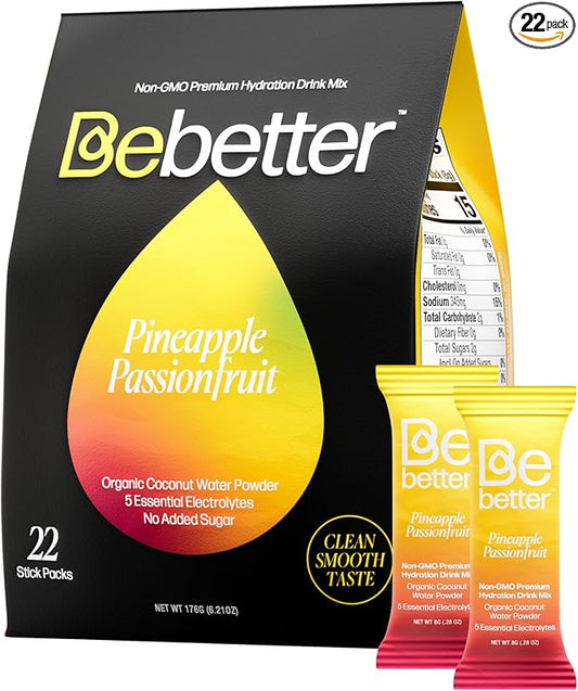 BeBetter Organic Electrolytes Powder Packets | Daily Electrolyte Drink Mix | Organic Coconut Water | No Artificial Flavors | Sugar Free Hydration Packets | non-GMO 22 Sticks (Pineapple & Passionfruit)