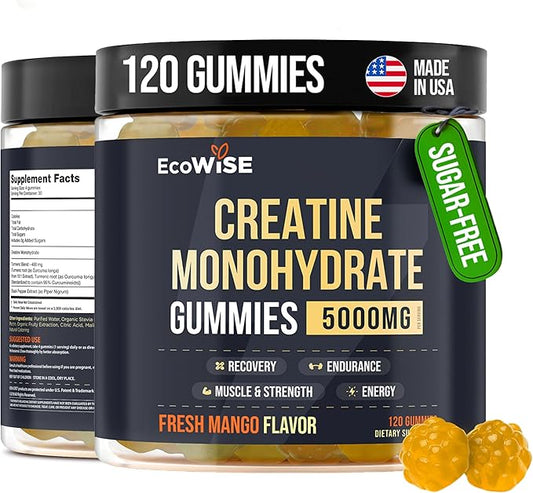Creatine Monohydrate Gummies 5000 mg, Fresh Mango Flavor, 120 Sugar-Free Vegan Chews, Creatine Supplement for Daily Routine