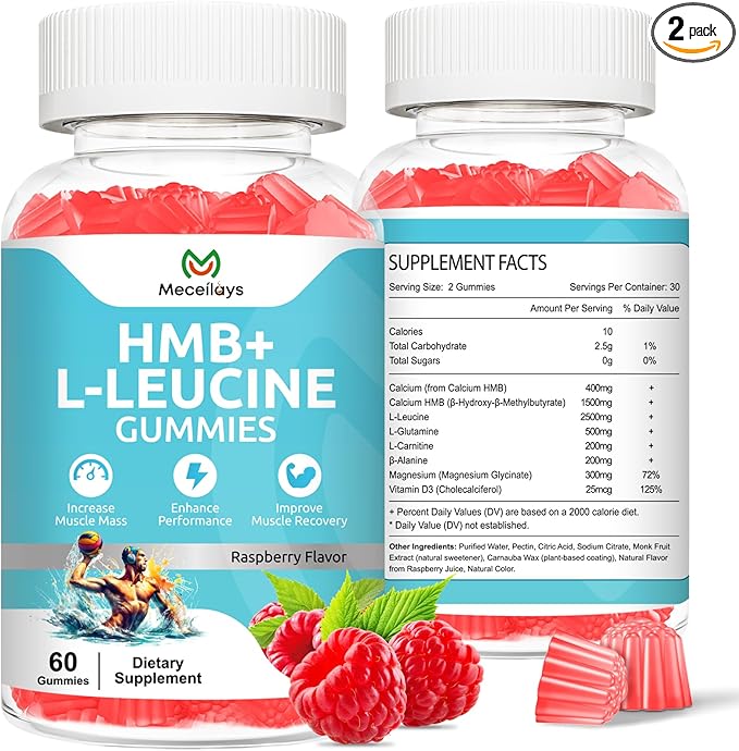 2 Pack HMB & L-Leucine Gummies 4000mg (120 Count) - Sugar Free, Vegan, Non-GMO, Gluten Free - Supports Muscle Growth, Recovery & Endurance for Men, Women & Elder - Raspberry Flavor