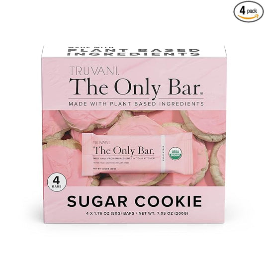Truvani Plant Based Snack Bars | Sugar Cookie 4 Pack | 6g Protein | USDA Organic and Vegan | The Only Bar | Dairy, Soy, and Gluten Free | Individually Wrapped