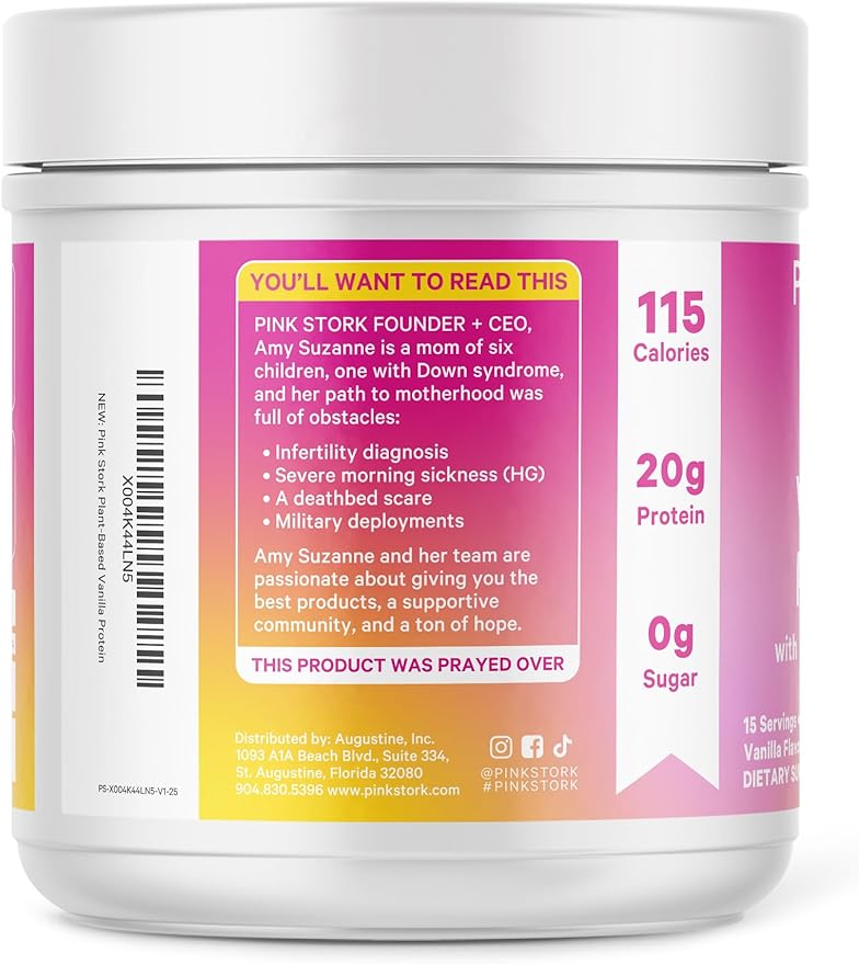 Pink Stork Protein Powder for Women, 20g Plant Based Protein Powder with Fiber + Superfoods, Gluten Free, Dairy Free, Sugar Free, Vanilla Protein Shake - 15 Scoops