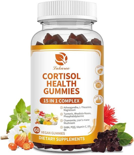 Cortisol Supplements for Women & Men, 15-in-1 Calm Cortisol Gummies with Ashwagandha, Magnesium, L-theanine, GABA, Phosphatidylserine, Vitamin C, D3, B6 for Mood, Sleep, Focus Support - Vegan, 1 Pack