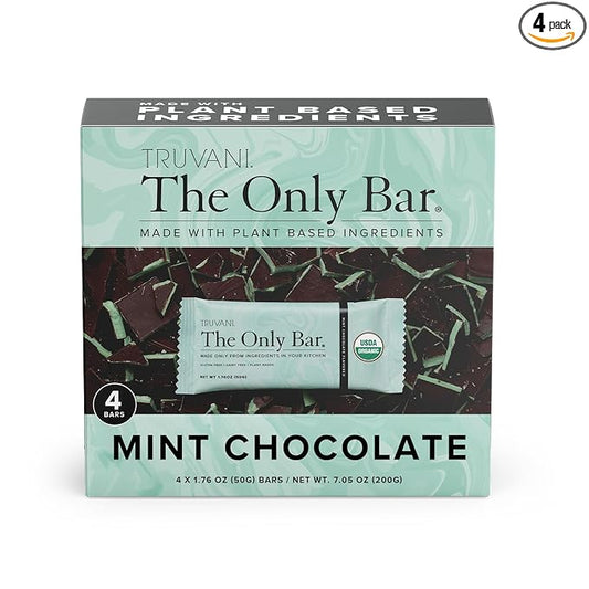 Truvani Plant Based Snack Bars | Chocolate Mint 4 Pack | 7g Protein | USDA Organic and Vegan | The Only Bar | Dairy, Soy, and Gluten Free | Individually Wrapped