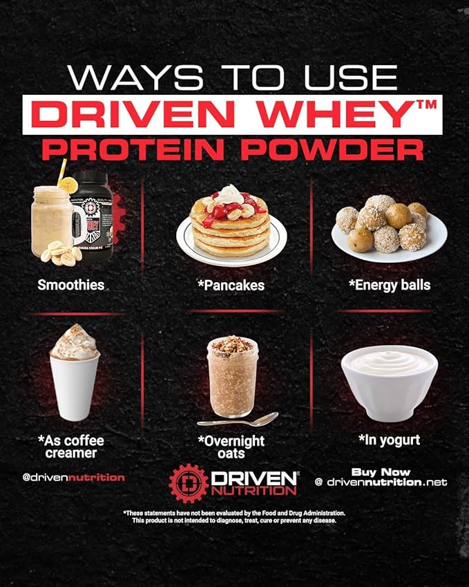 Driven WHEY- Grass Fed Whey Protein Powder: Delicious, Clean Protein Shake- Improve Muscle Recovery with 23 Grams of Protein with Added BCAA and Digestive Enzymes (2 lb, Cinnamon Roll)
