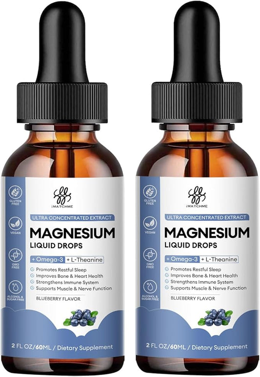(2 Pack) Magnesium Glycinate Liquid Drop with Citrate, Oxide and Taurate, Calm Magnesium with Omega3, L-Theanine, D3, B6, B12 for Calm, Sleep, Leg Cramps, Muscles, Energy, Sugar-Free Blueberry Flavor