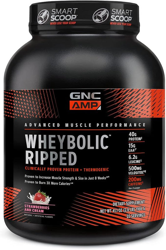 GNC AMP Wheybolic Ripped Protein Powder & Thermogenic Protein Supplement, Muscle Strength & Size, Energy & Endurance, 40g Protein, 6.2g Leucine, 15g EAA, Caffeine, Strawberries and Cream, 22 Servings
