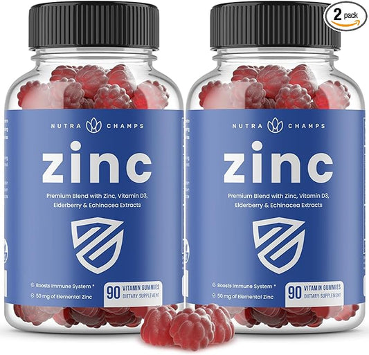 NutraChamps 4-in-1 Zinc Gummies, 50mg Chewable Zinc Supplement Gummies with Vitamin D3 2000 IU, Elderberry & Echinacea, Immune, Heart & Brain Support, 180 Count (Pack of 2)
