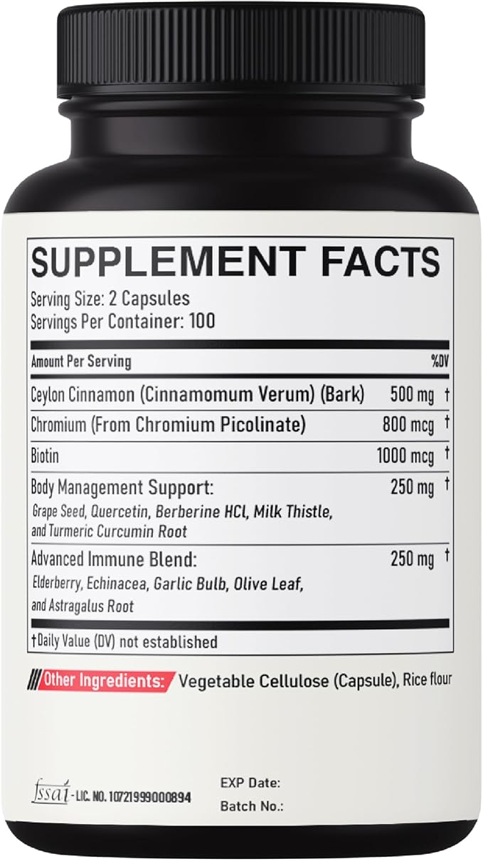 13in1 Ceylon Cinnamon Capsules - 200 Capsules with Chromium Picolinate, Biotin, Grape Seed, Elderberry & More