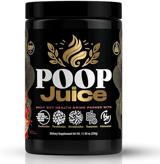 Poop Juice 5-in-1 Prebiotic, Probiotic, Postbiotic, Digestive Enzymes & Glutamine Supplement Powder - Bloat Relief, Gut & Immune Support - Sugar & Lactose-Free - 30 Servings (Strawberry Lemonade)