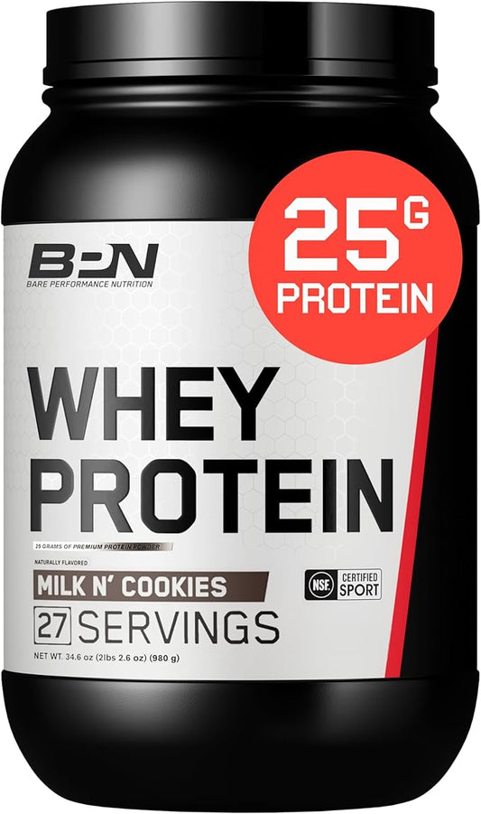 BARE PERFORMANCE NUTRITION, BPN Whey Protein + Casein Protein Powder Blend, Milk N' Cookies, 25g Protein per Serving Supports Lean Muscle Recovery, 27 Servings, Third Party Tested