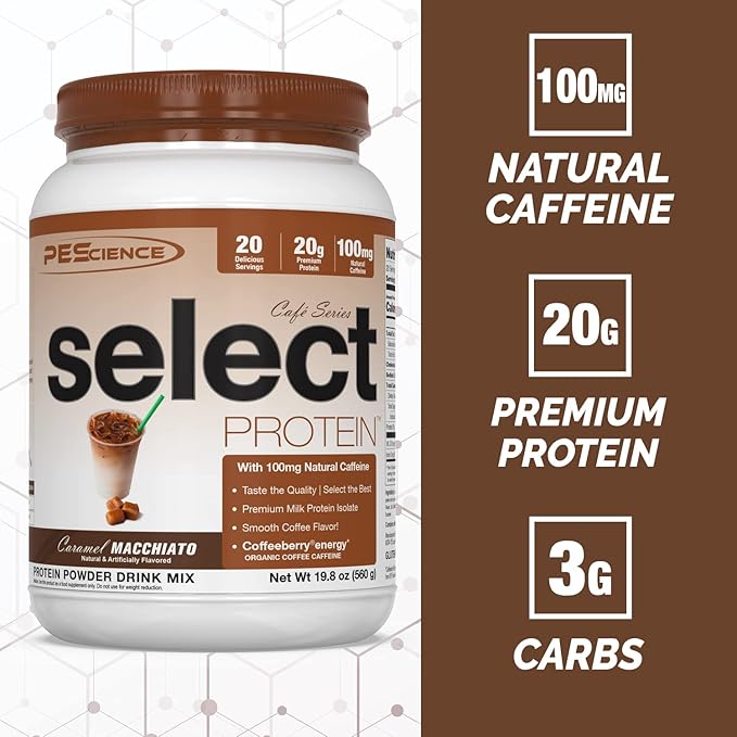 PEScience Select Cafe Protein, Caramel Macchiato, 20 Servings, Coffee Flavored Whey and Casein Blend with Caffeine
