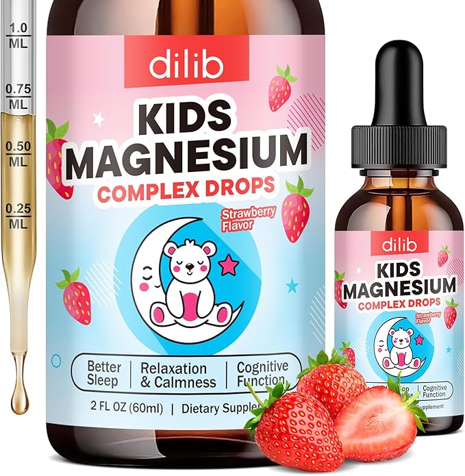 Kids Magnesium Liquid Drops - Liquid Magnesium Glycinate for Kids, Citrate Supplement with L-theanine, Omega-3, Vitamin B12, D3 for Sleep, Calm, Relaxation, Brain, Bones, Strawberry 2 Fl Oz
